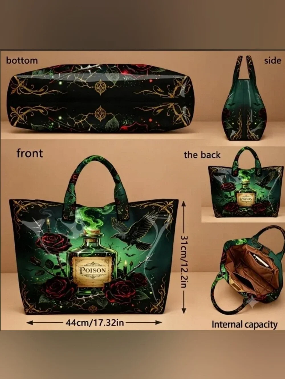 Women Dark Side Raven Rose Gothic Poison PVC Daily Cmmute Tote Bag